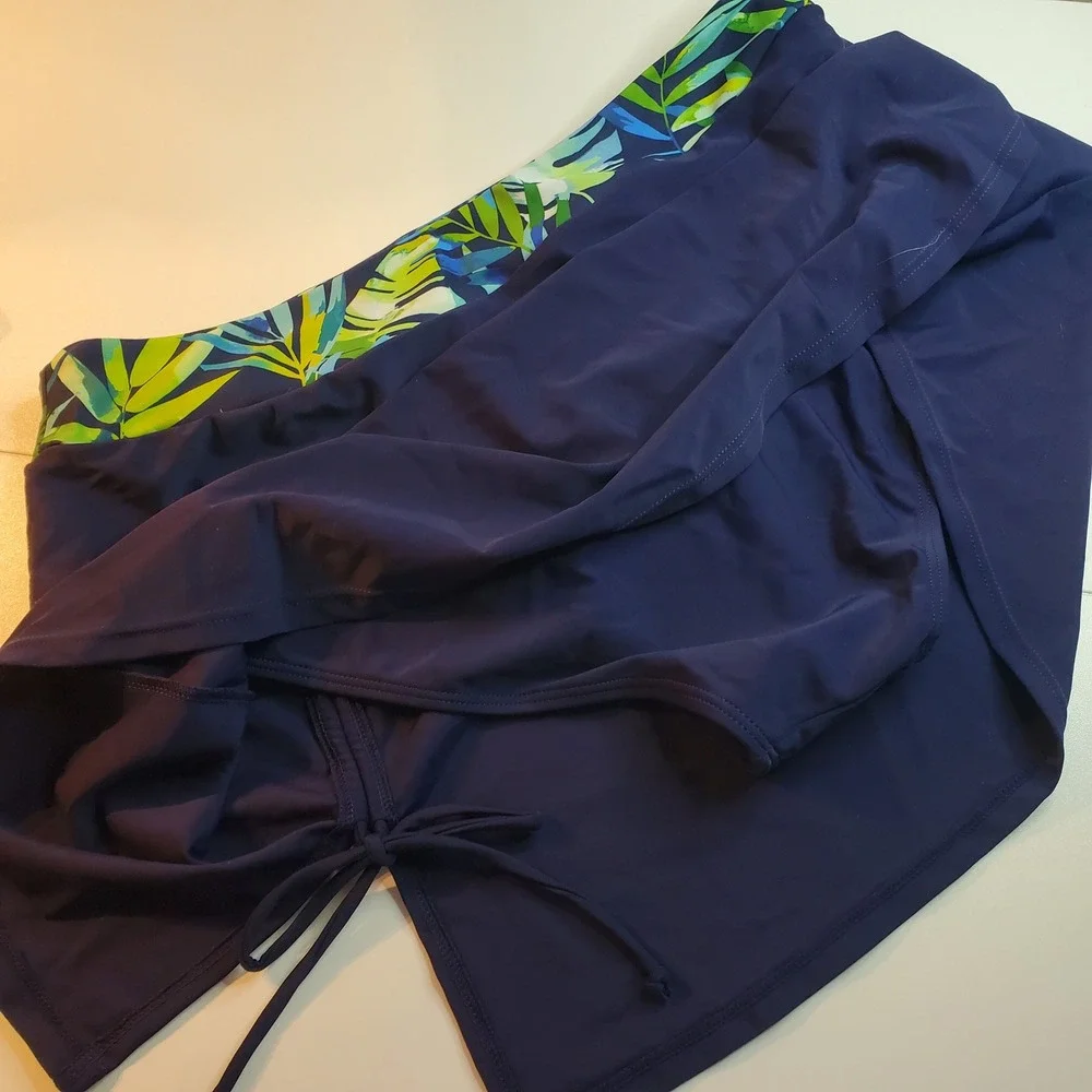 Yonique Tropical Palm Tankini Set Blue Green Swim Skirt Two Piece NWT
